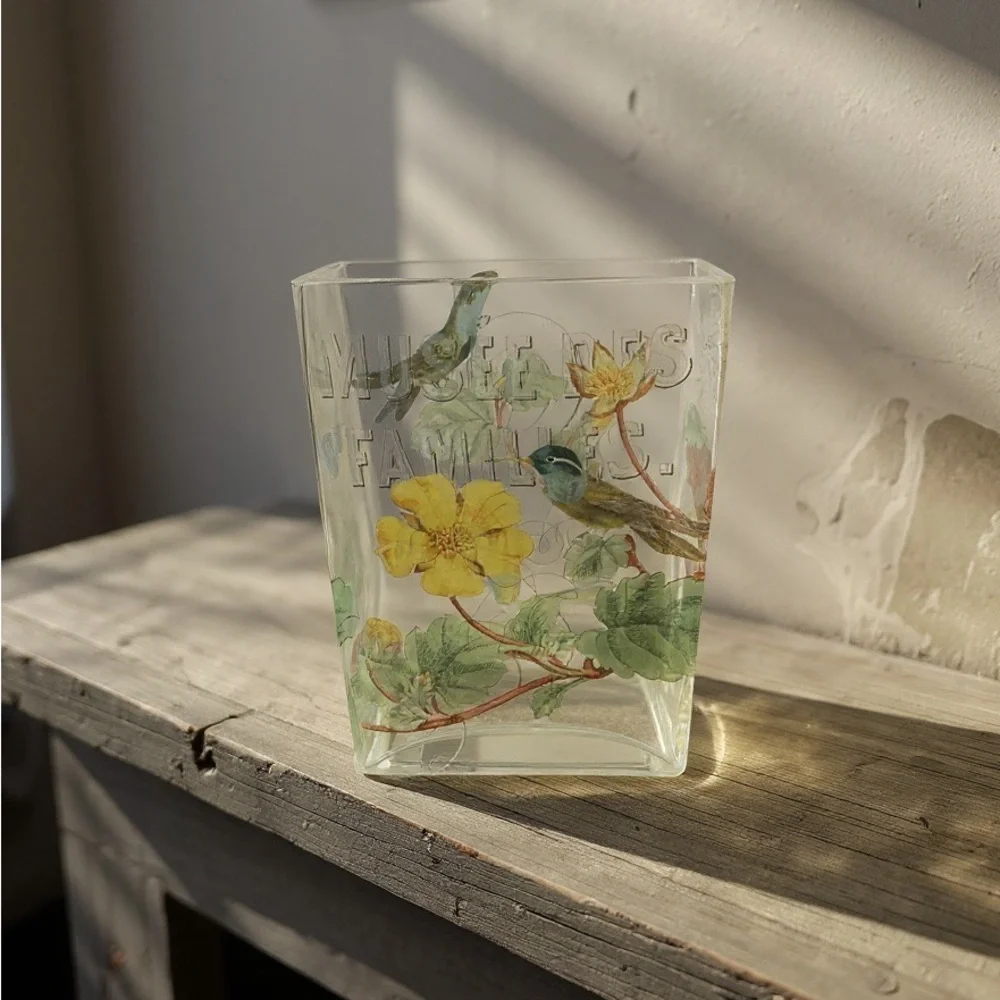 Rare Vintage Floral Glass Vase with Yellow Accents and Hummingbirds